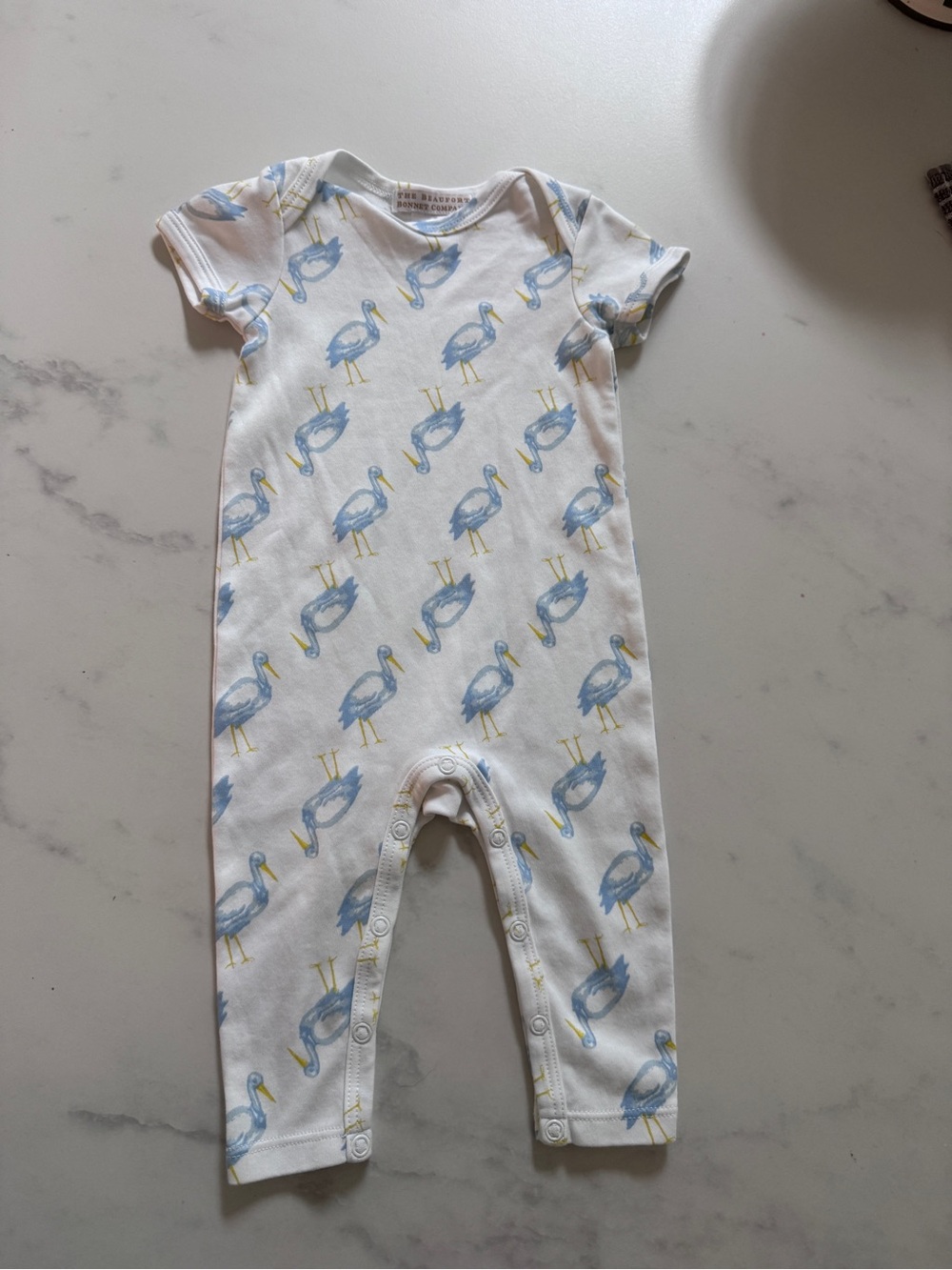 The Beaufort Bonnet Company White Romper with Blue and Yellow Bird Print
